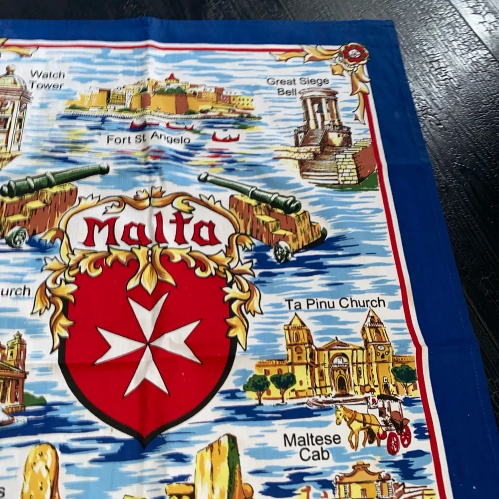 Vintage cricket Tea Towel Souvenir MALTA Landmarks‎